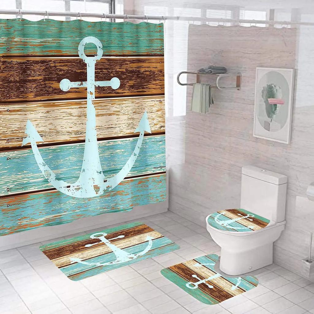 Anchor Shower Curtain Sets Non-Slip Rug Toilet Lid Cover Bath Mat Nautical Anchor Rustic Wood Waterproof Bathroom Curtains Set