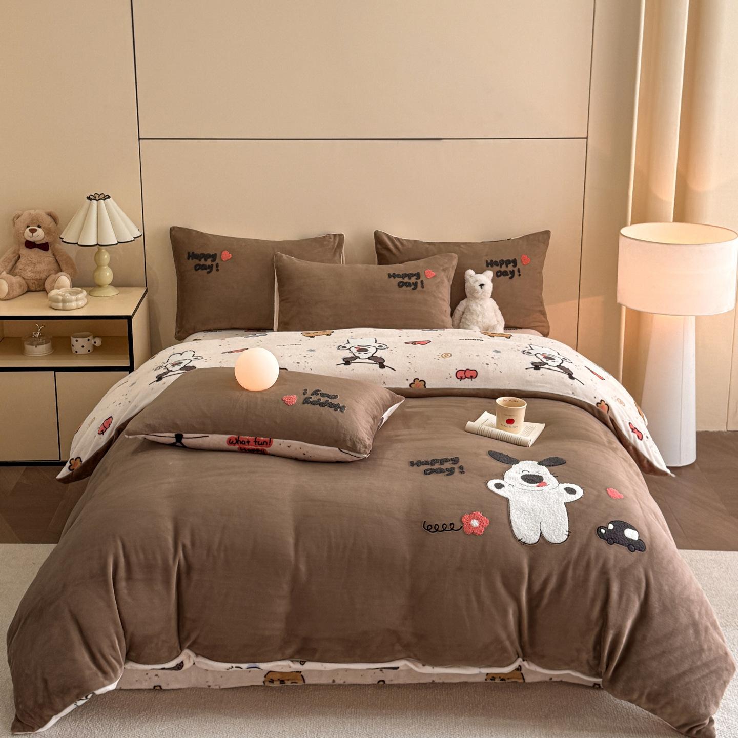 

200G Полотенце Вышивка Принт Двойная Посылка Утолщенный Молочный Флис Комплект из Четырех Предметов 1,2М Простыня 1.2m sheet 3pc