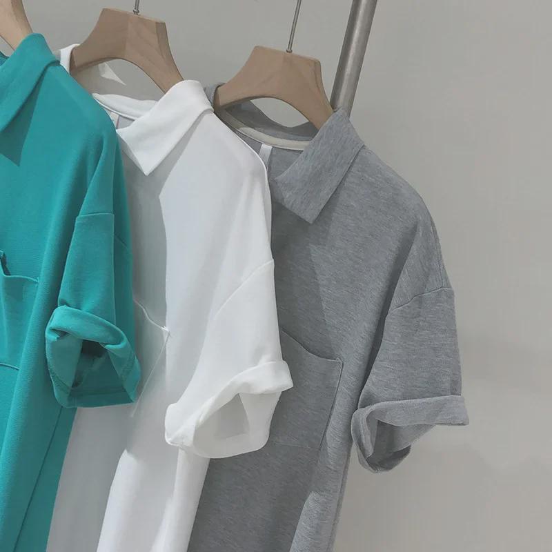 Velká velikost Korejské bavlněné letní ležérní tričkové šaty s polo límečkem - Volné, Slim, Krátký rukáv, Ke kolenům