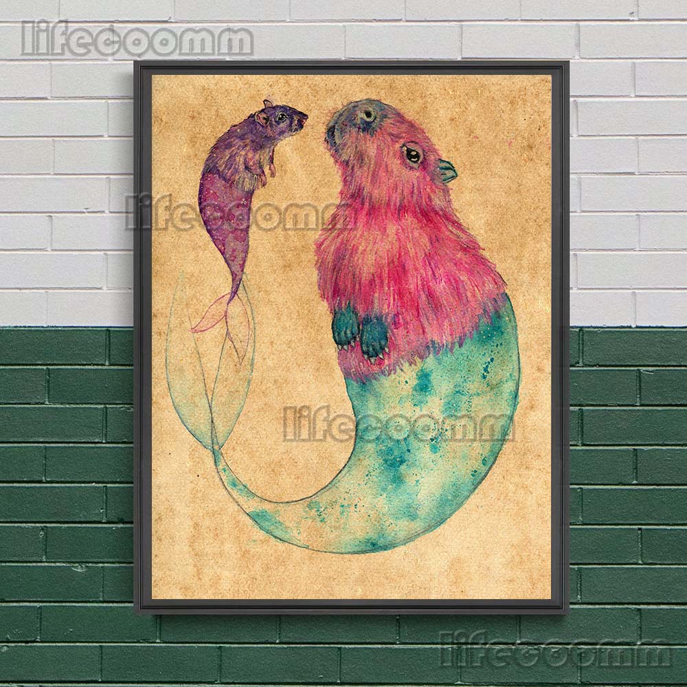 

Забавный фэнтезийный художественный плакат с изображением животных, русалка, кабан и единорог, жаба, винтажная абстрактная настенная живопись на холсте, домашний декор (с рамкой) 15*20cm(with frame)