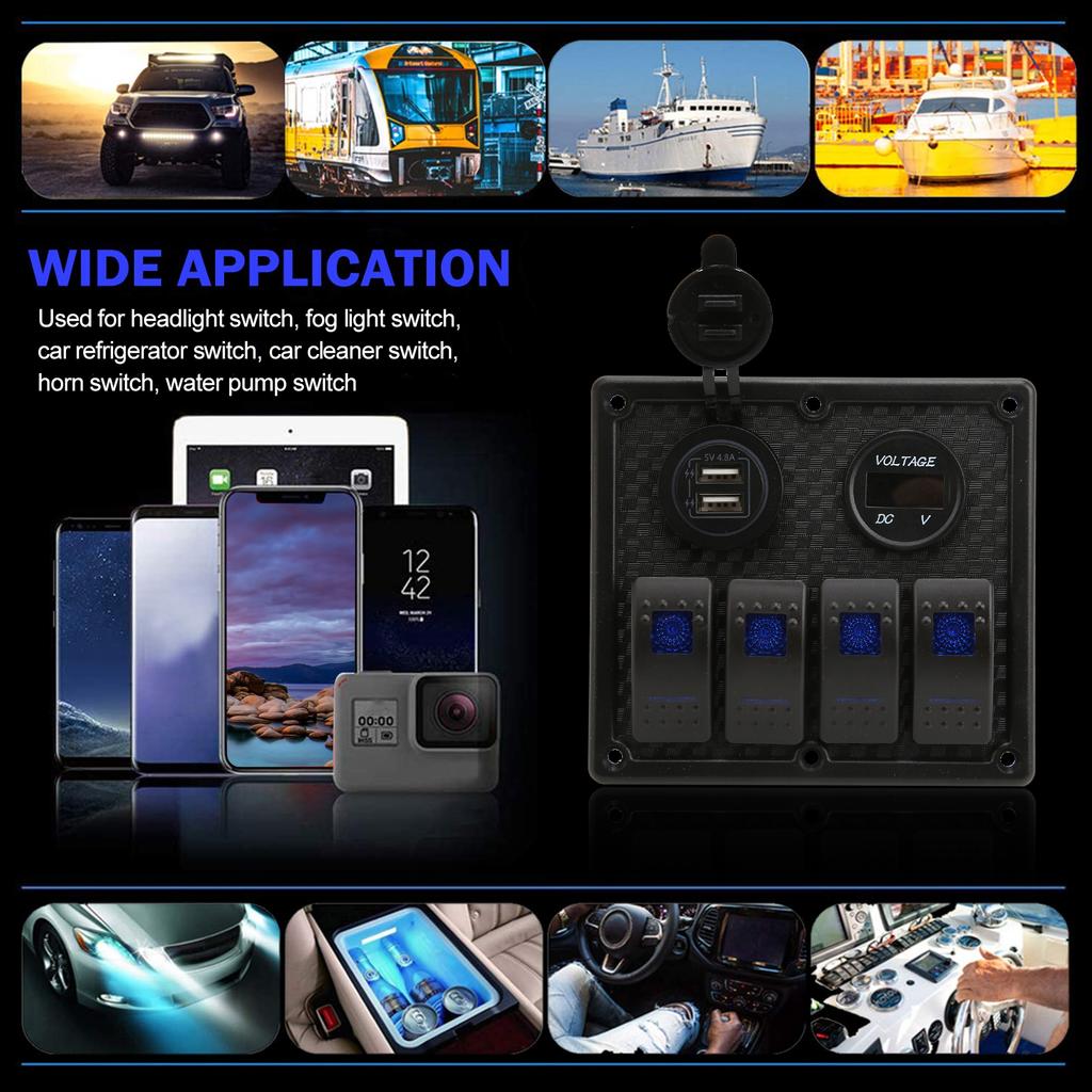 4 Gang Rocker Panel 5Pin with Voltmeter 4.8A Dual USB Fast Charging Slot for Car RV Yacht