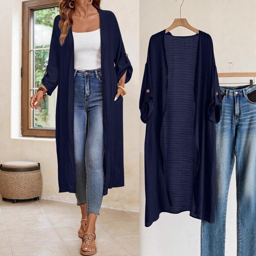 Women's Open Front Long Sleeve Maxi Cardigan Loose Solid Polyester Lightweight Cover Up Long Duster Outerwear With Side Pockets