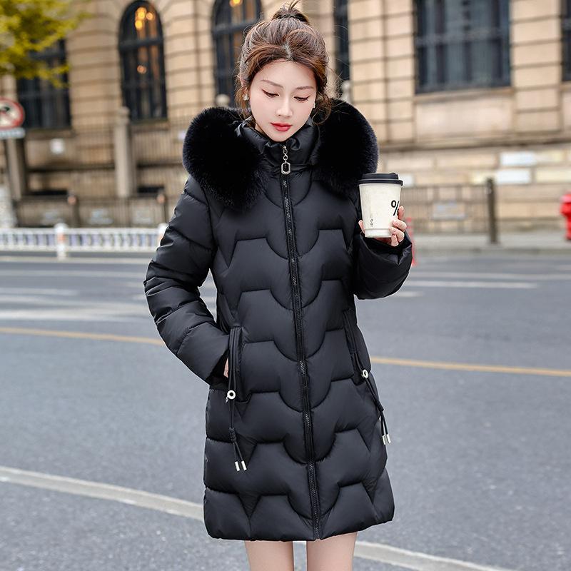2025 winter big fur collar slim and thin medium and long cotton clothes women's thickened warm foreign gas jacket cotton clothes