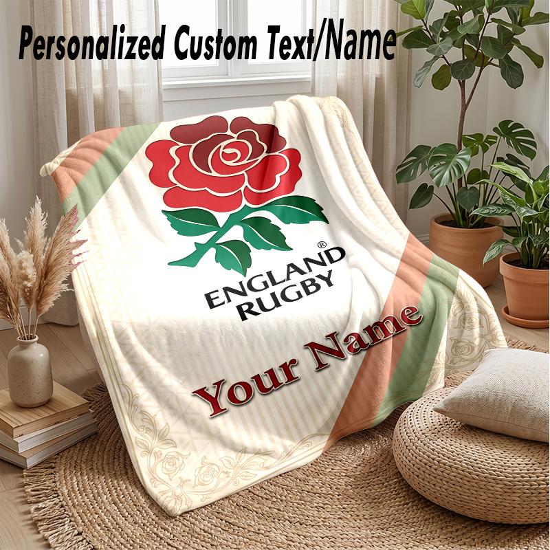 England Rugby Custom Flannel Throw Blanket Print Your Name Text Soft Warm Blanket Holiday Present