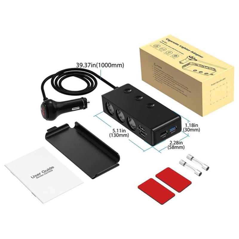 3-i-1 sigarettenneradapter Hurtiglading 3.0 120W 12V/24V 3-Socket Power Splitter LED-skjerm