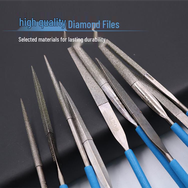 Titanium-Plated Diamond Needle File Set: Flat, Round, Bevel & Triangle Files for Metal Grinding. 3*140 (10-piece mixed set)