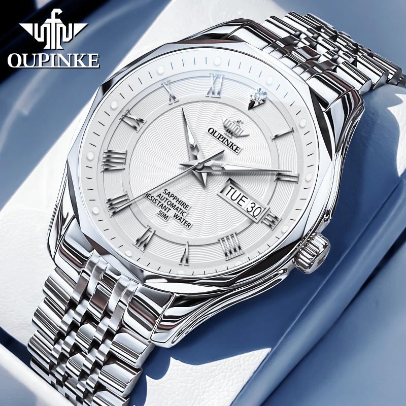 OUPINKE 3207 Automatic Watches for Men Original Import Japan Movement Real Diamond Dual Calendar Business Mechanical Wristwatch