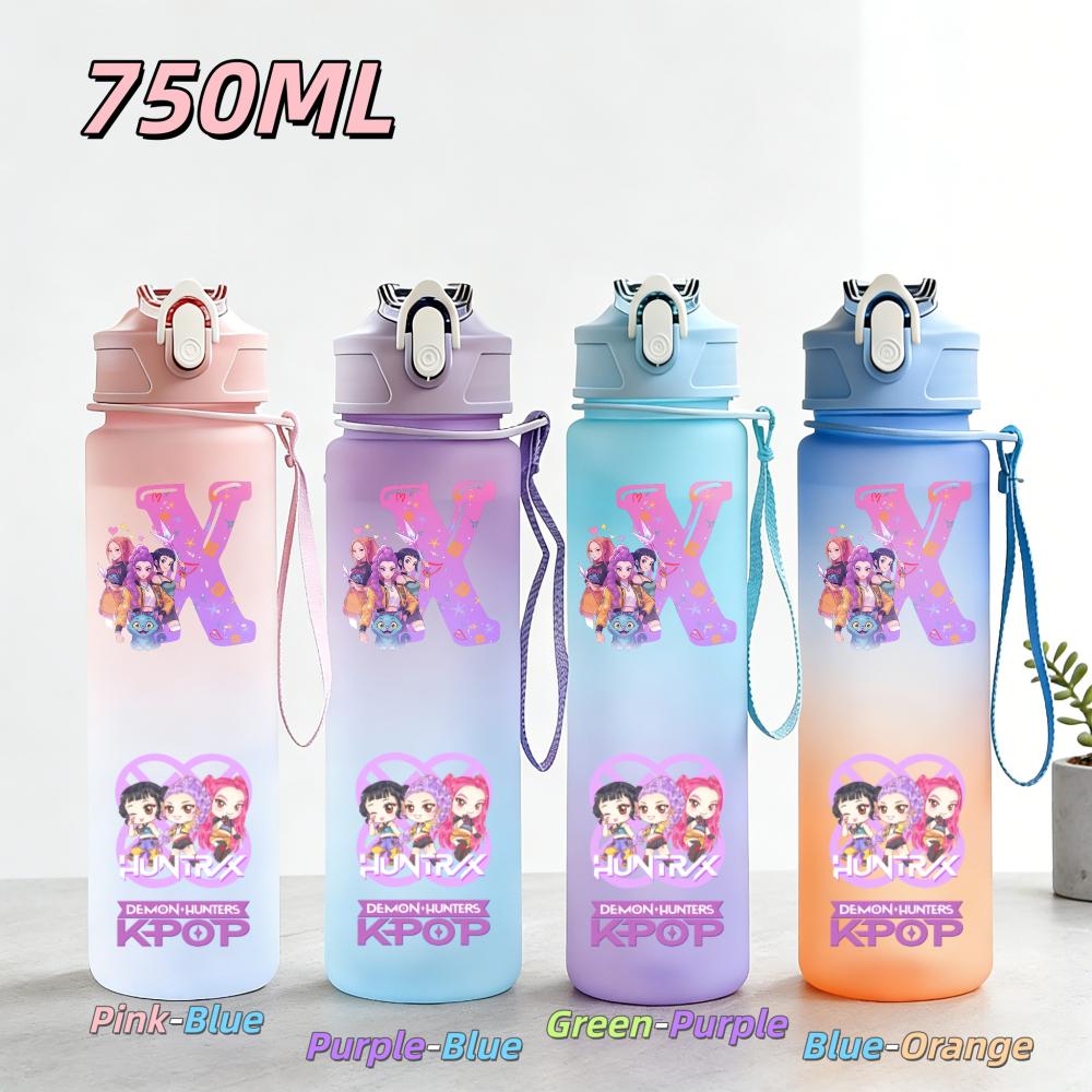 750ML Anime KPop Demon Hunters Sports Water Bottle Leak Proof Colorful Straw Cup Portable Water Bottle designed for Outdoor Sport Fitness