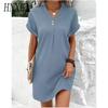 HNXC Abiti casual a vita alta con scollo a V a maniche corte con stampa tinta unita primavera estate moda donna