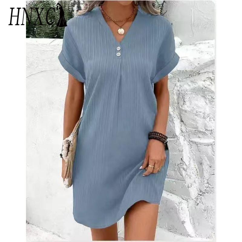 HNXC Abiti casual a vita alta con scollo a V a maniche corte con stampa tinta unita primavera estate moda donna