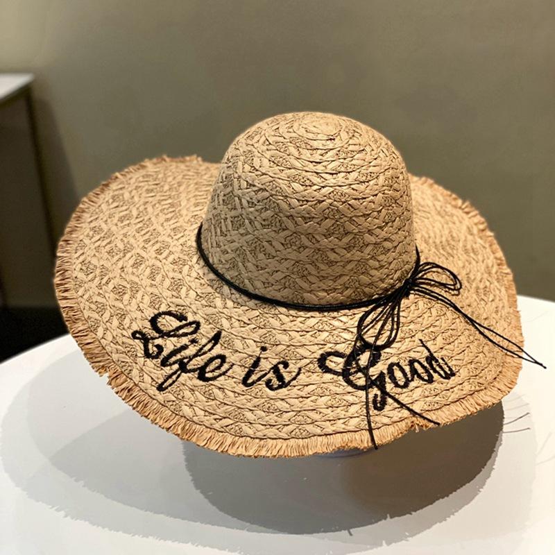 Lace Bow Straw Hat Women's Summer French Large Brim Sunscreen Hat Seaside Beach Vacation Sun Hat