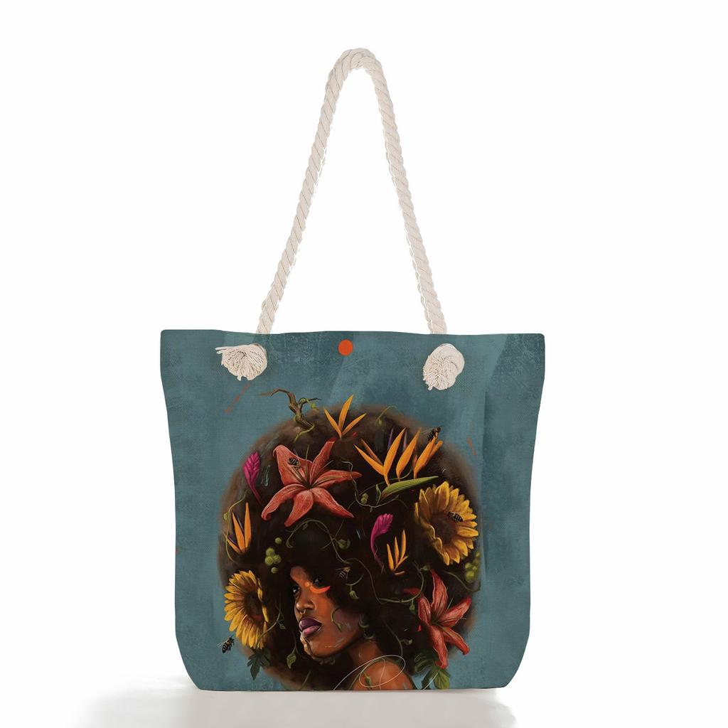 Multifunctional Black Girl Printed Thick Rope Shoulder Beach Bag Casual Large Capacity Handbag 0105