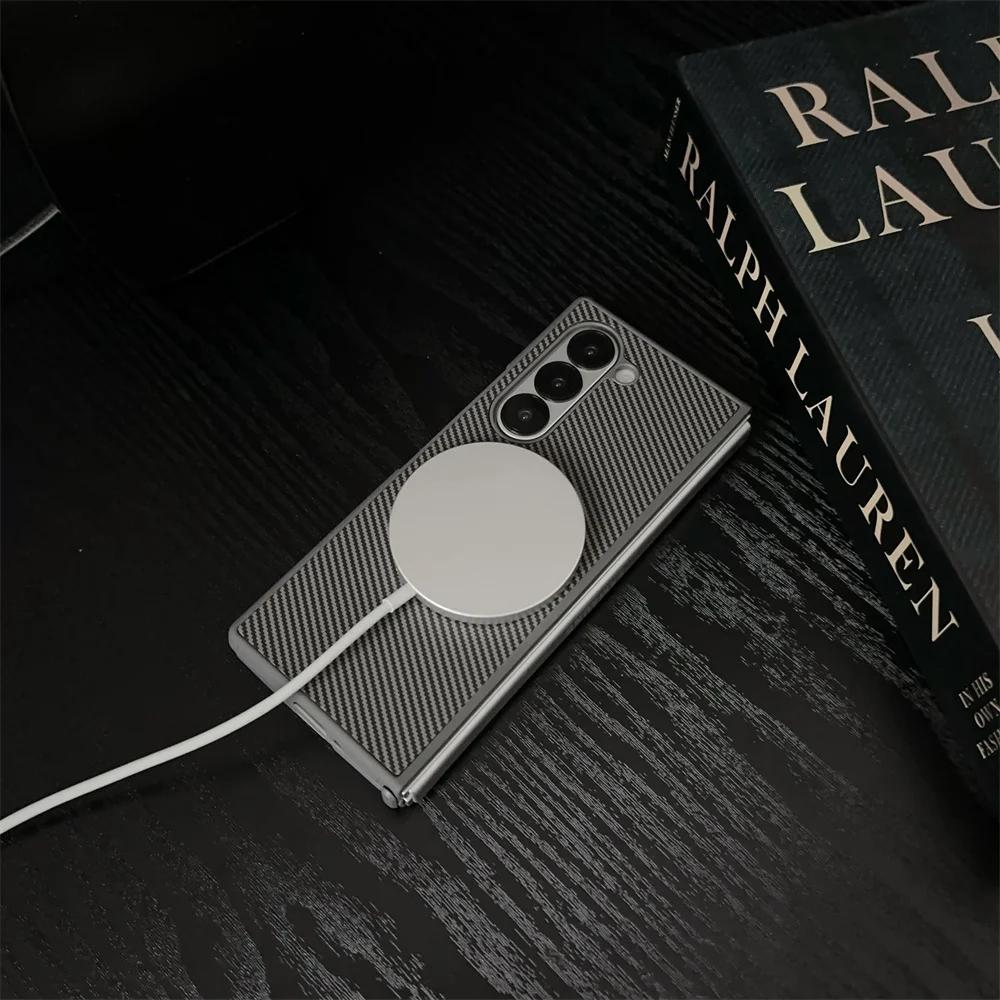 Carbon Fiber Pattern PU Leather Magnetic Phone Case For Samsung Galaxy Z Fold 6 5 4 3 Fold6 Fold5 Fold4 Fold3 5G Hard Back Cover