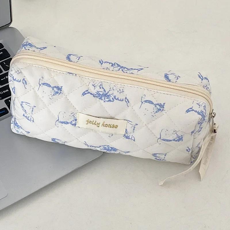 1PCS Retro Chic Makeup Brush Case for Girl Cute Floral Strawberry Cat Cosmetic Pouch Corduroy Student Stationery Storage Bag