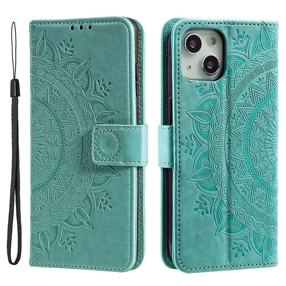 

For iPhone 15 Plus Mandala Flower Imprint Protective Case PU Leather Wallet Stand Phone Cover with Strap Green
