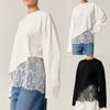 Women S Round Neck Lace Splicing Hem Long Sleeve Loose T Shirt