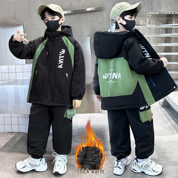 Chłopięcy zimowy zestaw polarowy 2025: Gruby dwuczęściowy komplet z bawełnianym wypełnieniem dla starszych dzieci