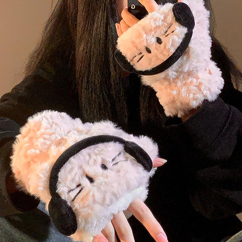 Cute Headphones Cat Thickened Plush Gloves Winter Warm Gloves Student Cycling Gloves