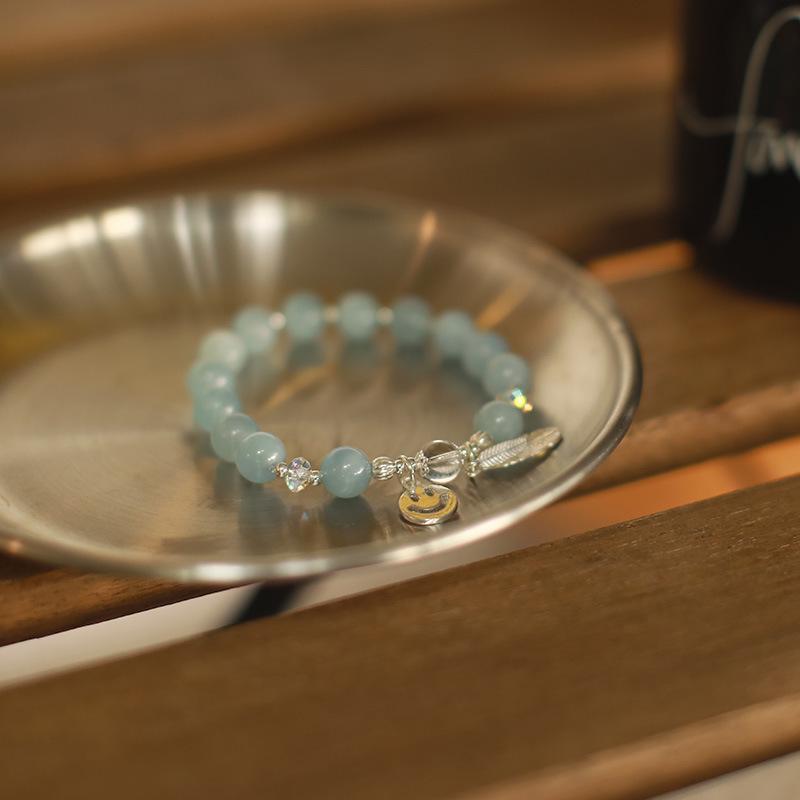 Aquamarine Fresh Blue Crystal Beaded Bracelet with S925 Silver Feather