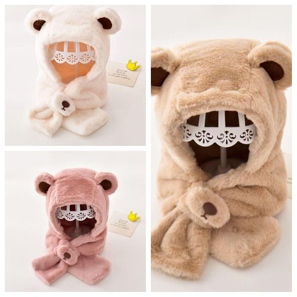 Fashion Design Children Fleece Hat Solid Color Plush Hat with Scarf Outdoor Bear Plush Hat  Boy