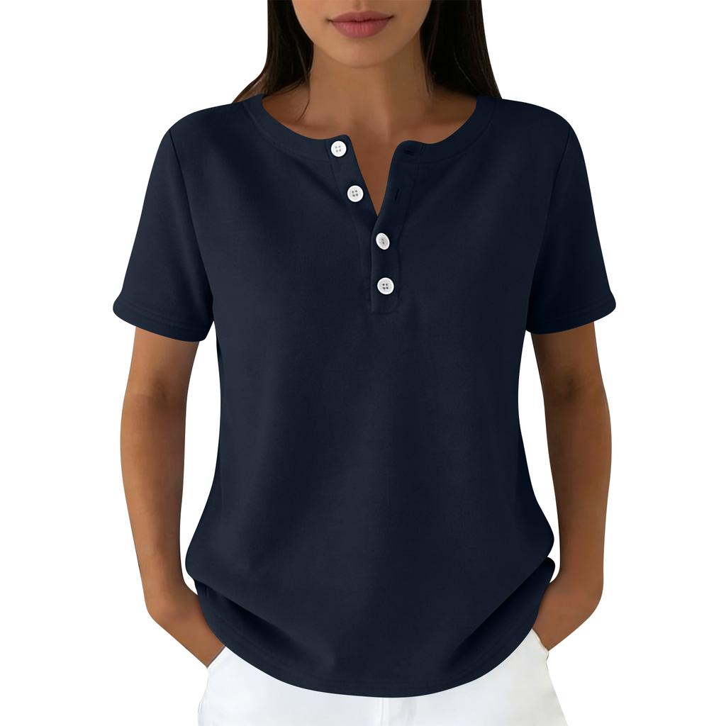 Lässiges Damen-T-Shirt in verschiedenen Farben, V-Ausschnitt, kurzen Ärmeln und Zierknöpfen.