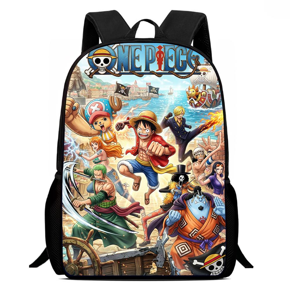 15 Inch Cartoon One Piece Mochila Backpack, Light Weight Unisex School Backpack for Boys Girls Age 6-10 Casual Travel Daypack