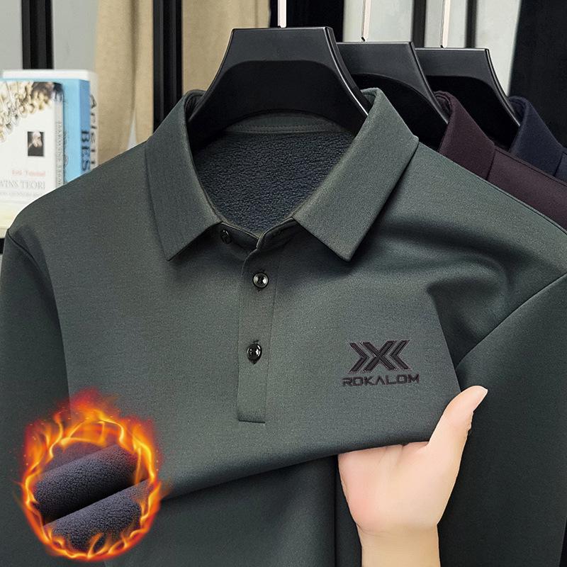 Pánské zimní polo tričko s dlouhým rukávem 2025 s vlněnou a hedvábnou fleecovou podšívkou - High-endová ležérní základní vrstva