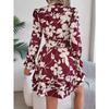 Women's Autumn/winter Casual Flower Lace-up Long Sleeve A-line Dress with Wooden Ear Trim