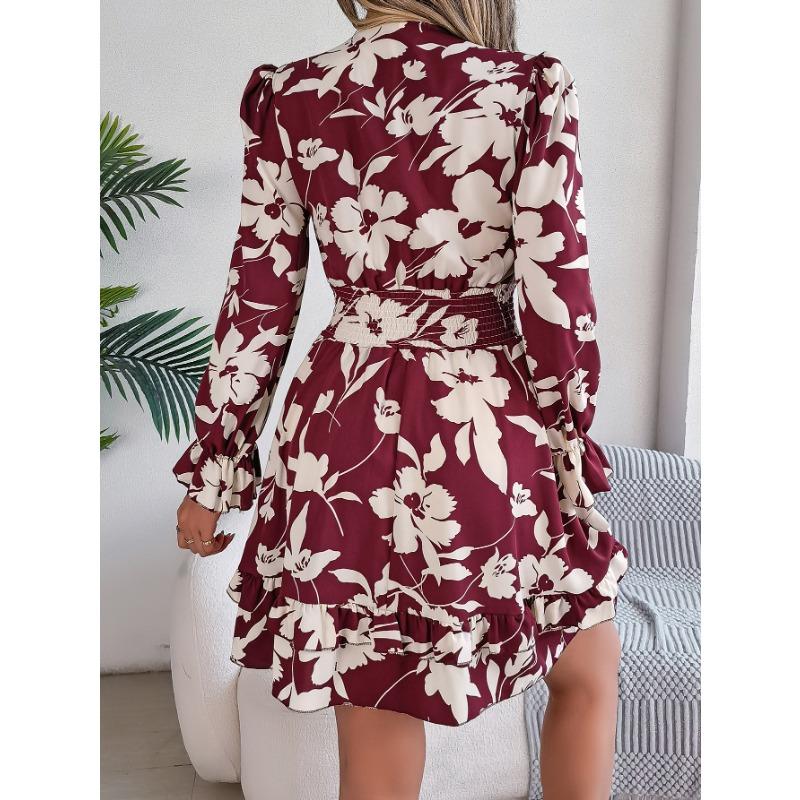 Women's Autumn/winter Casual Flower Lace-up Long Sleeve A-line Dress with Wooden Ear Trim