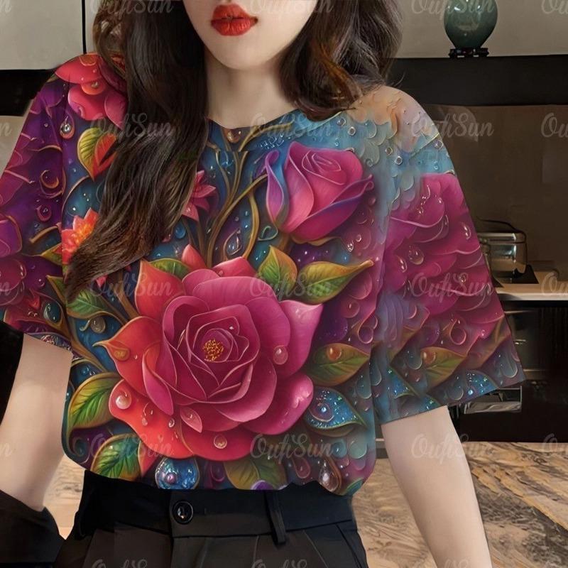 Summer Trendy Colorful Flower Pattern 3D Digital Print T-Shirt round Neck Short Sleeve Casual Women's Fashion Polyester Fiber Breathable