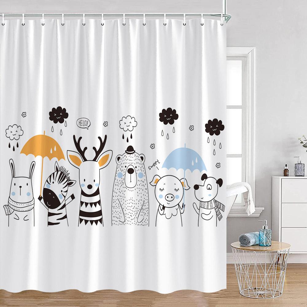 Cartoon Animals Kid Shower Curtains Hand-painted Simple Line Cute Cats Bathroom Decorations Kids Children Bath Curtains for Ho