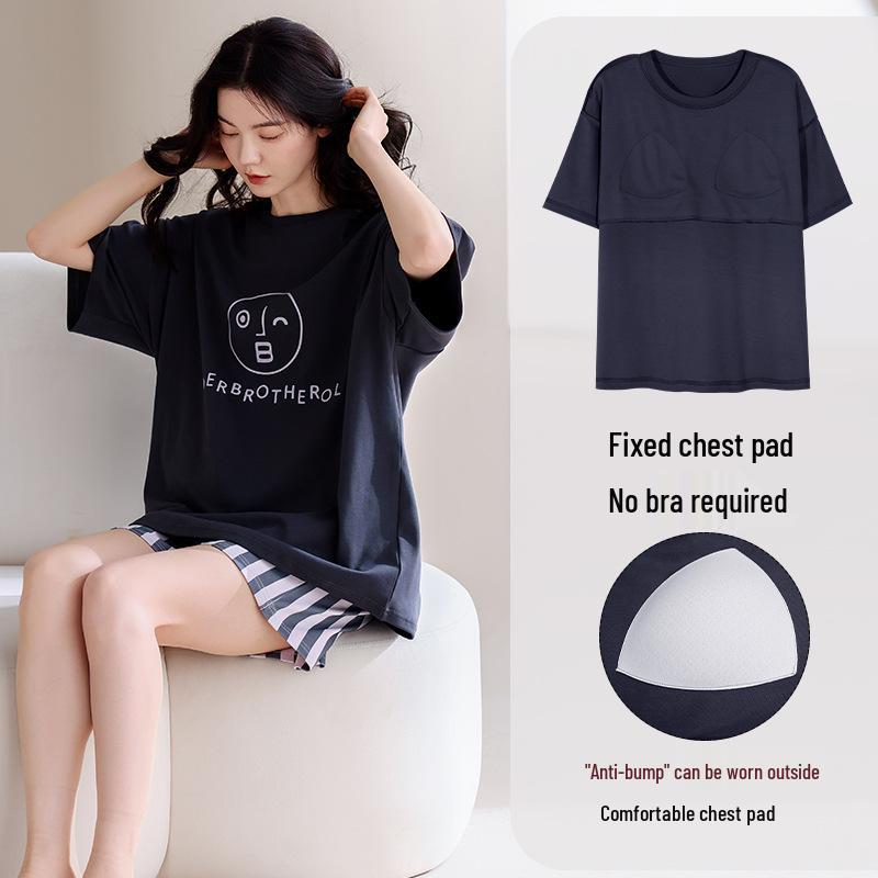 

Women s Short Sleeve Cute Print Pajama Set with Built-in Bra - Soft, Skin-Friendly Summer Cotton Loungewear XXXL (160-180 jin)
