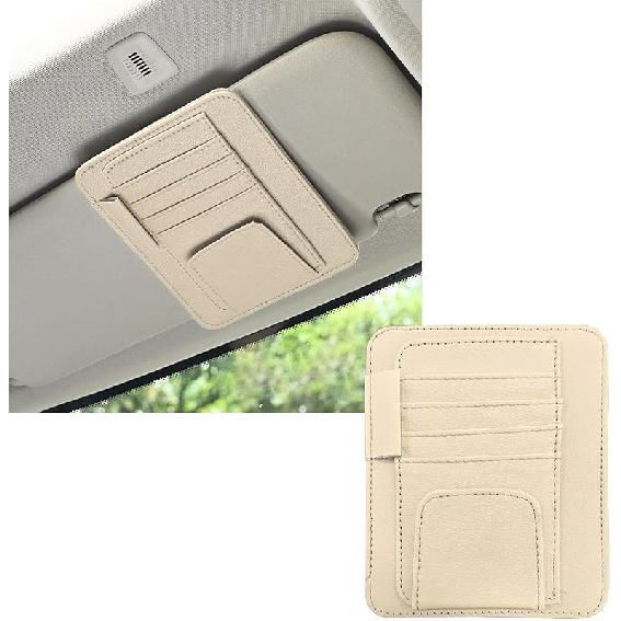 2PCS Small Leather Car Sun Visor Organizer, Multifunctional Auto Visor Document Holder With Sunglasses Clip, Universal Car Interior Organizer For