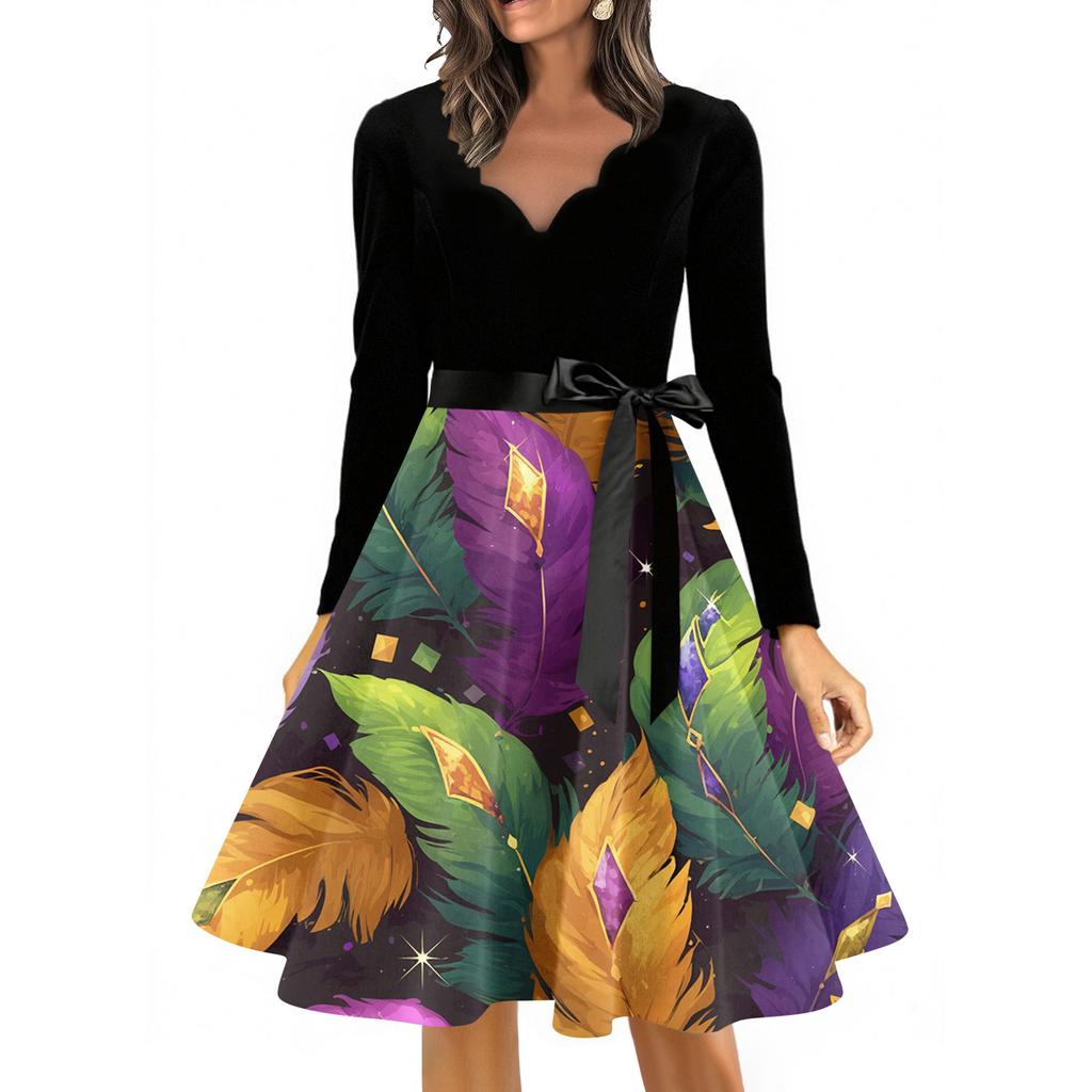 Women's Casual Fashion V Neck Long Sleeve Printed Vintage Long Dress