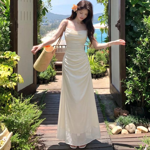 Sexy Celebrity Solid Color Waist Pleated Swing Neck Mesh Splicing Suspender Dress Women's Summer Slim Hip Wrap Dress
