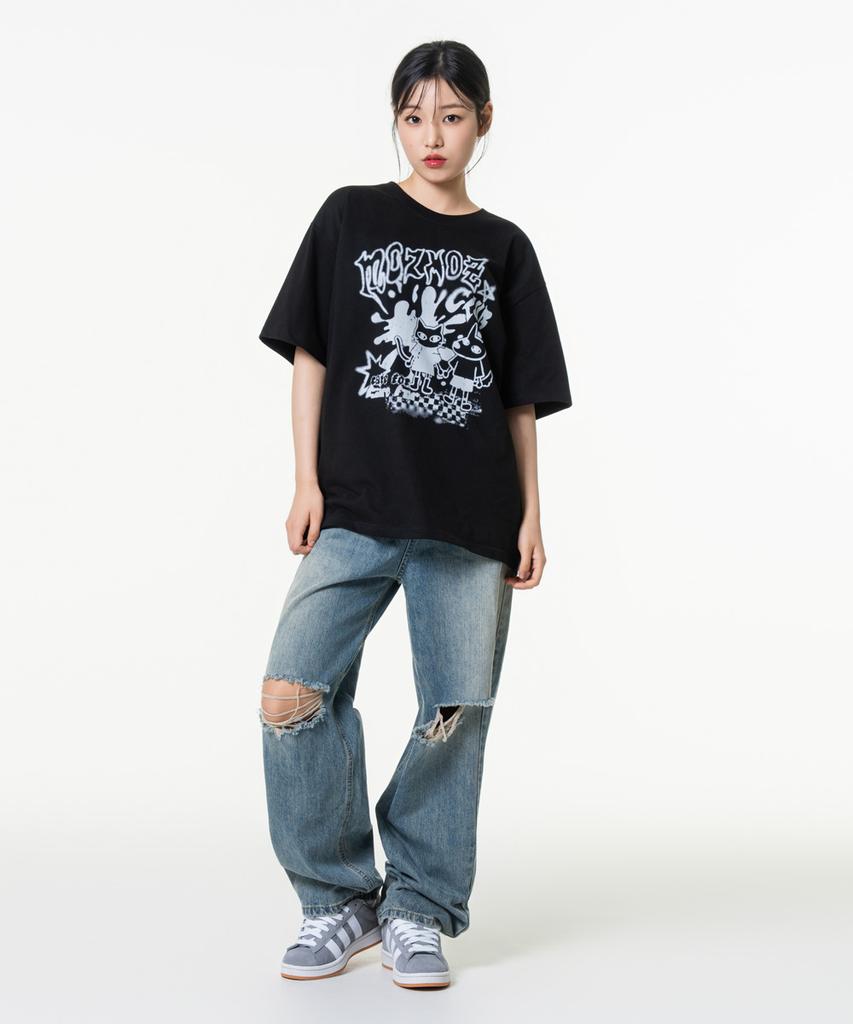 MOZMOZ Friendship Oversized Graphic Short Sleeve T-Shirt Black