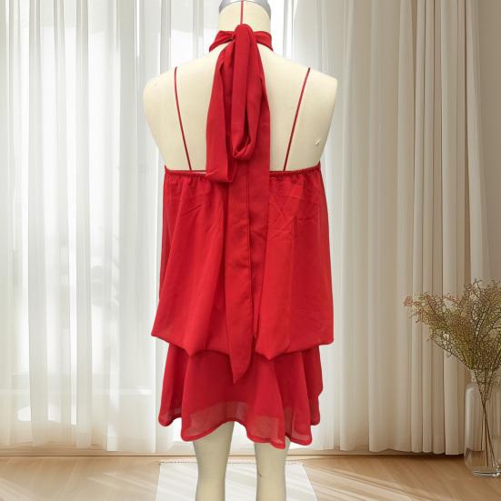 Women's Halter Neck Chiffon Mini Dress Summer Sleeveless Cocktail Party Dress Ruffle Wedding Guest Dress