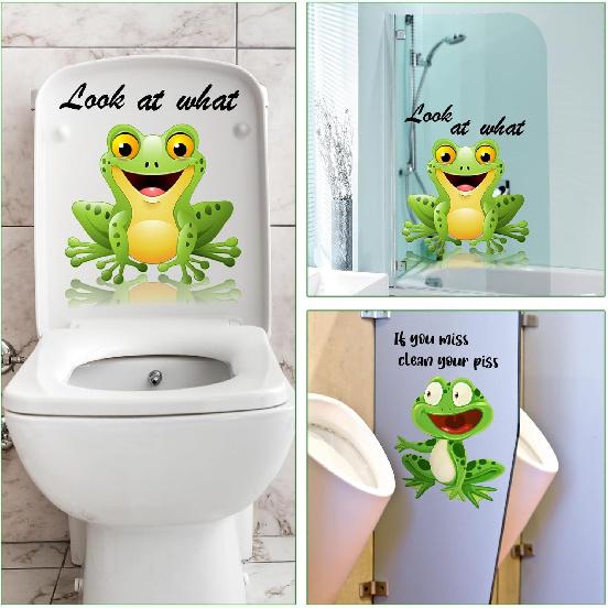 2PCS Cute Animals Toilet Seat Stickers Self-Adhesive Frogs and Lettering Toilet Lid Decals DIY Removable Smile Frog Quotes Toilets Stickers for