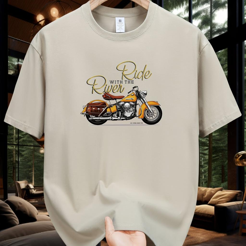 Men's Summer 100 Cotton Fashionable Casual Loose Large Size Classic Motorcycle Pattern Printed Round Neck Short Sleeve T-shirt
