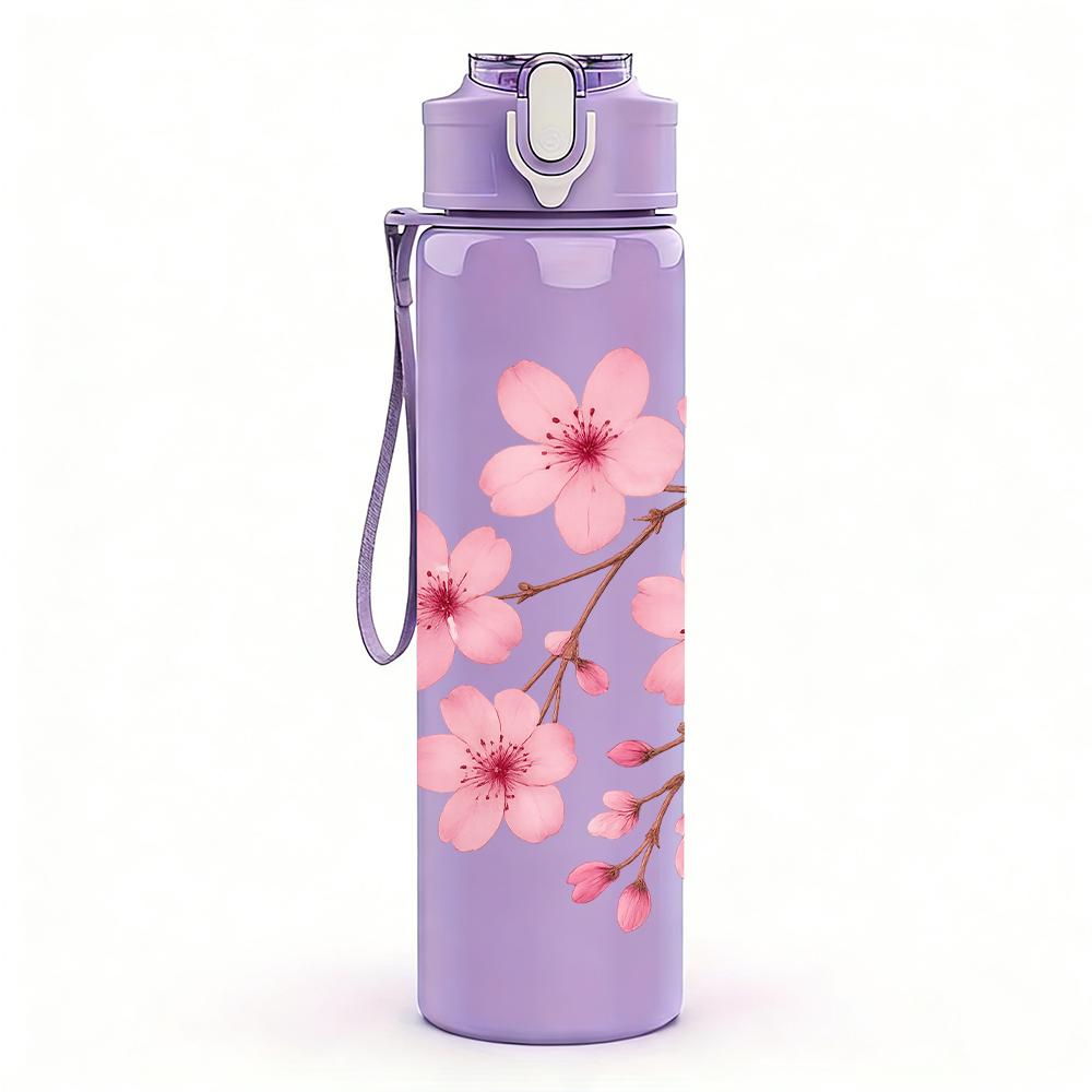 1PC Cherry Blossom Branch Pink Flower 750ml Color Plastic Sports Water Bottle Leakproof Flip Straw Lid Suitable for Sports Office Home Use