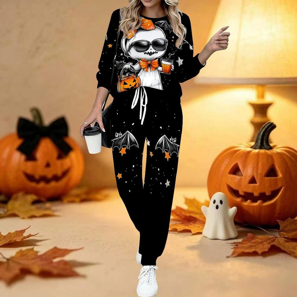 Women Halloween Print Two Piece Outfit, Long Sleeve Crew Neck Top & Drawstring Jogger Pants Casual Tracksuit for Spring Autumn
