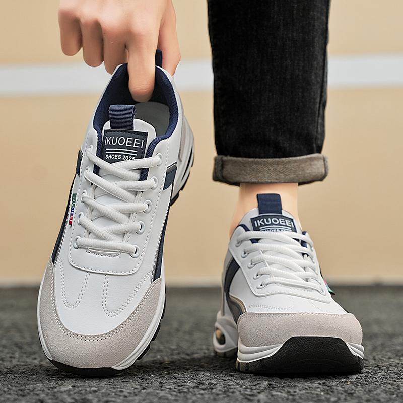 Men's Casual Running Shoes Spring and Autumn New Inner Heightened White Leather Face Shoes Waterproof Nylon Sole Men's Sneakers