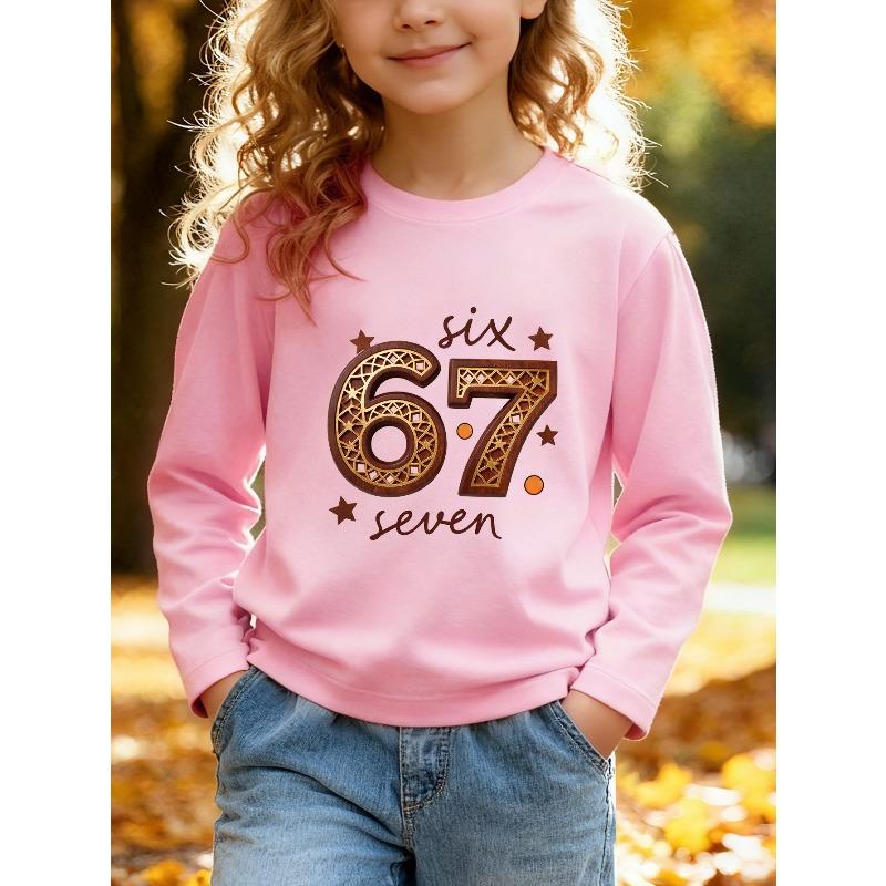 Unisex Kids Pink Crewneck Sweatshirt For 4-12 Boys Girls Retro Wood Carved Star Hollow Lattice Number 67 Handwritten Six Seven Star Dot Decor Print