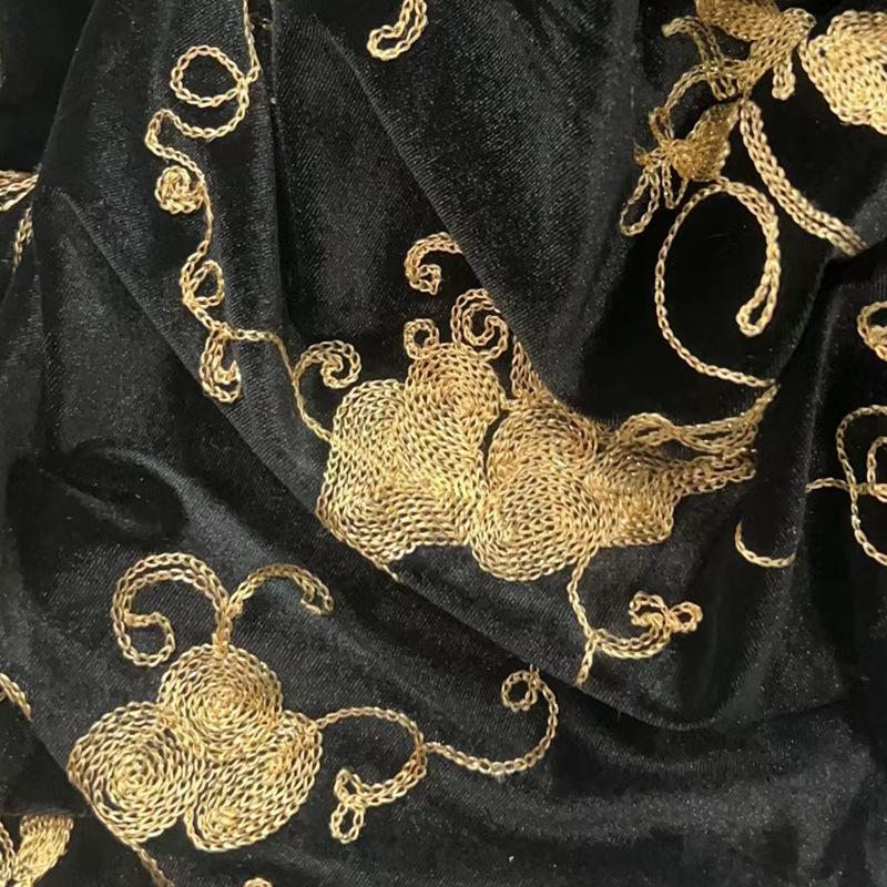Schwarze Farbe Samt Bestickter Stoff Blume Gedruckt Jacquardstoffe für Cheongsam Kleid Kleidung 130cm Breite