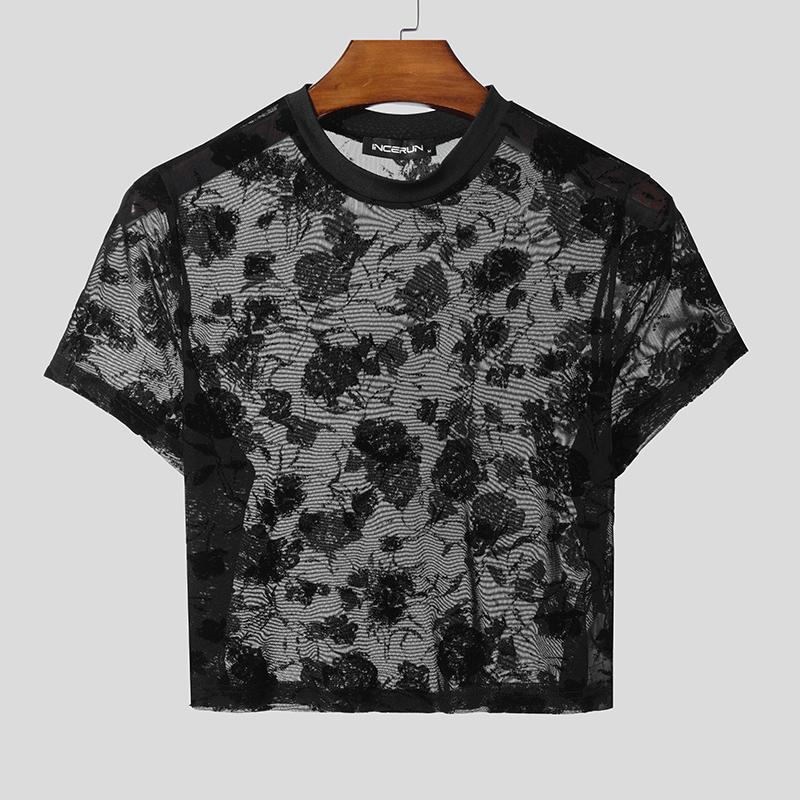 

INCERUN Summer Men Short Sleeve Sexy Lace Party Club Short T-shirts XL чёрный