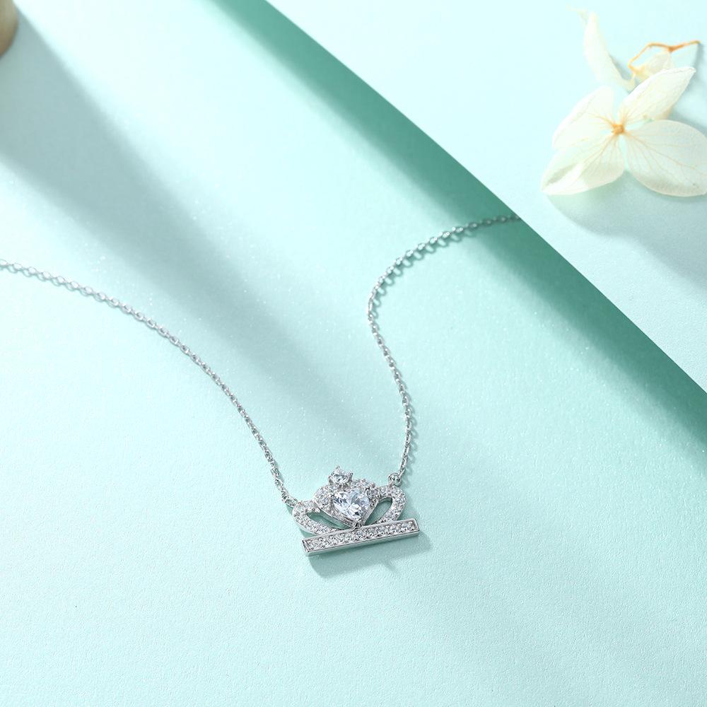 925 Sterling Silver Crown Necklace Female European and American Fashion Princess Heart-shaped Zircon Pendant Love Collarbone Chain