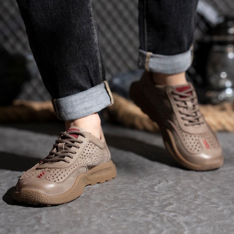 Summer low-top hollow casual shoes men's soft and delicate first-layer cowhide shoes retro lace-up sports shoes