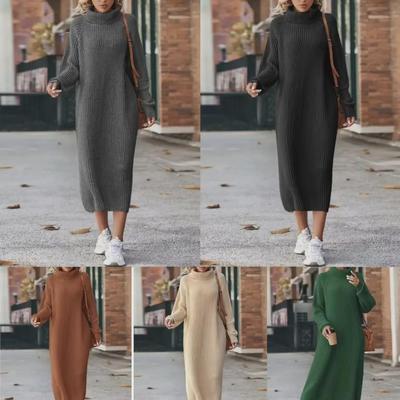 2023 Herbst/Winter Damen Strickpulloverkleid mit hohem Kragen - lang, locker, über dem Knie