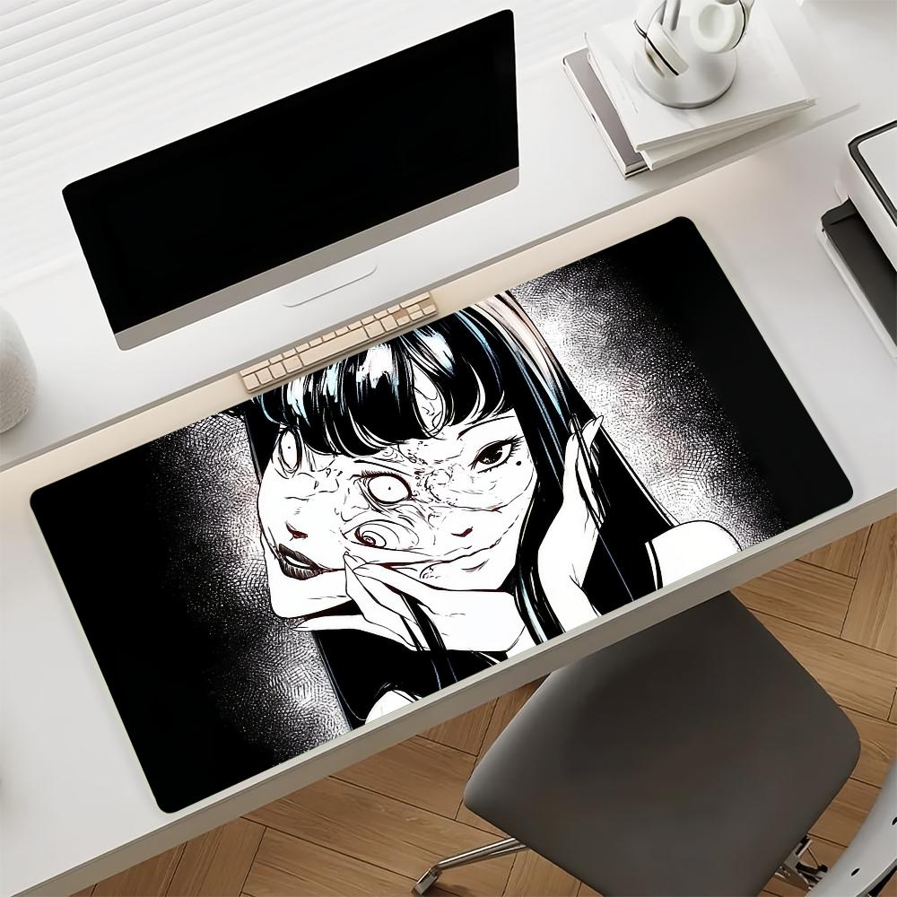 Antislip Gaming Desk Mat with Stitched EdgesVintage Horror Manga Style Spiral Girl Face Design Large Mouse Pad for Home Office