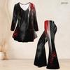 Women Plus Size Black Pink Purple Printed V Neck Three Quarter Sleeve Flared Top Flared Pants Two Piece Set